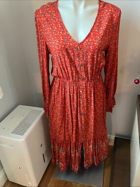 Floral Button-Front Red Long-Sleeve Midi Dress